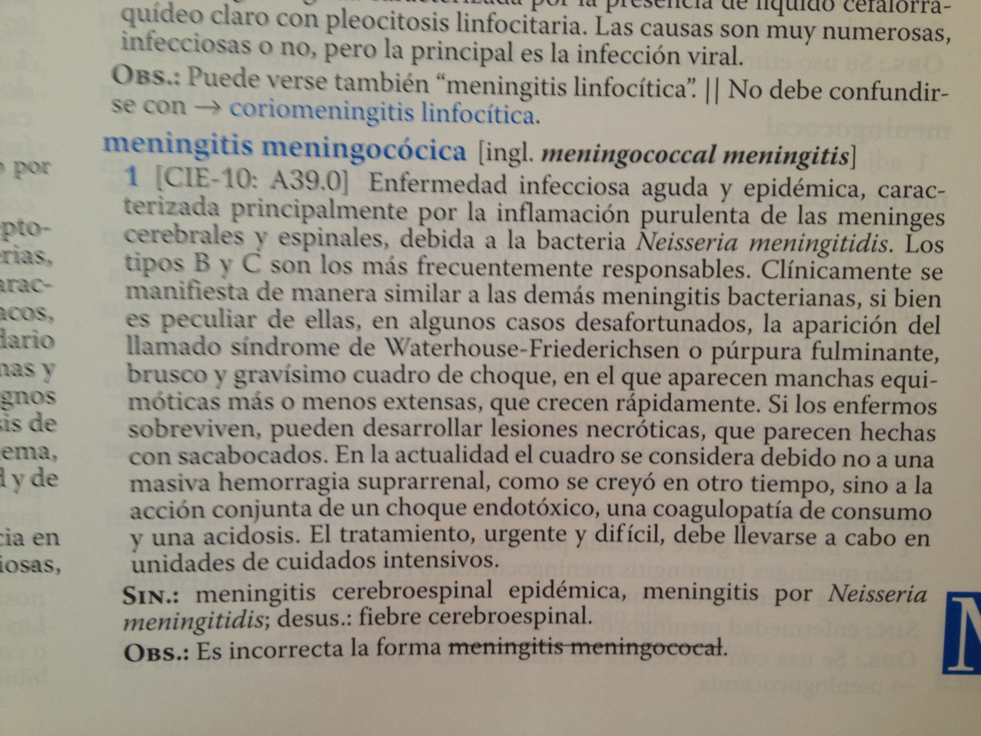 Diccionario de Términos Médicos, entrada meningitis menigocócica.